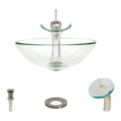 MR Direct Sinks And Faucets 601 Colored Glass Vessel Sink, Crystal, Waterfall Faucet, Brushed Nickel