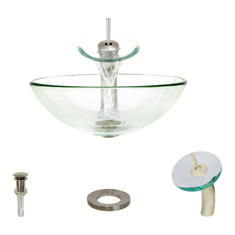 MR Direct Sinks And Faucets 601 Colored Glass Vessel Sink, Crystal, Waterfall Faucet, Brushed Nickel