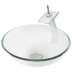 Topia Clear Glass Vessel Sink And Faucet Set, Brushed Nickel