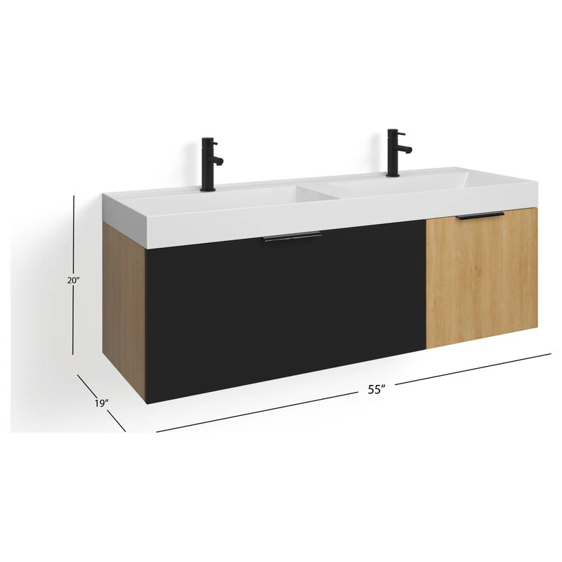 MOD The Nuvo Bathroom Vanity, Double Sink, 55", Black Glass And Maple, Wall Mounted - Image 8
