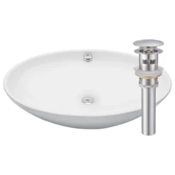 Novatto Bianco Uovo Ceramic Vessel Sink With Overflow And Drain, Brushed Nickel