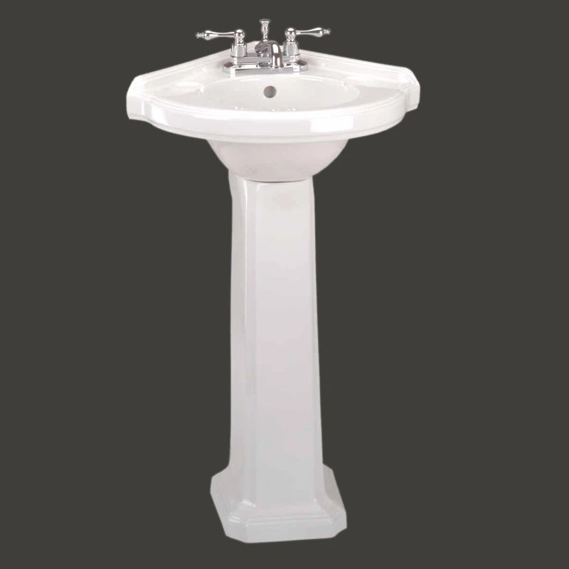 Renovators Supply Manufacturing White Corner Pedestal Sink With 4" Brass Faucet & Sink Drain - Image 2