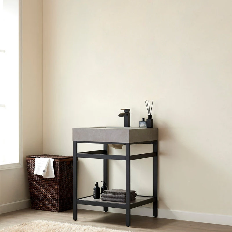 Vinnova Funes 24" Single Console Sink In Matte Black With Gray Sintered Stone Top - Image 3