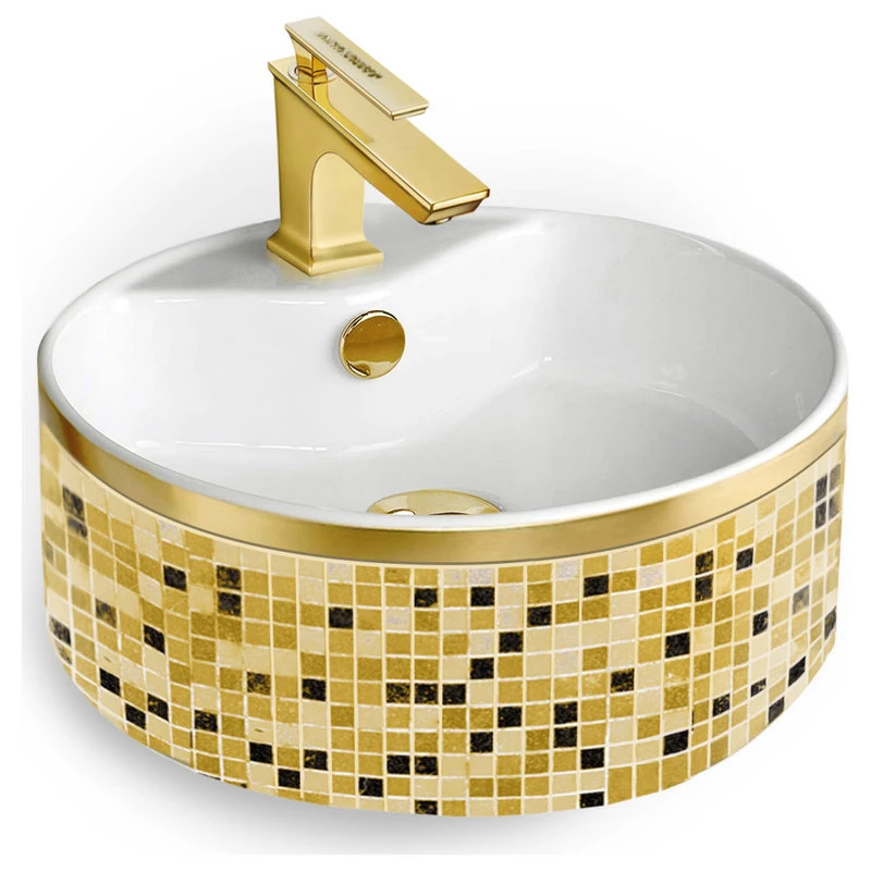 Maison De Philip Round Vessel Sink 18" Gold Mosaic, Sink