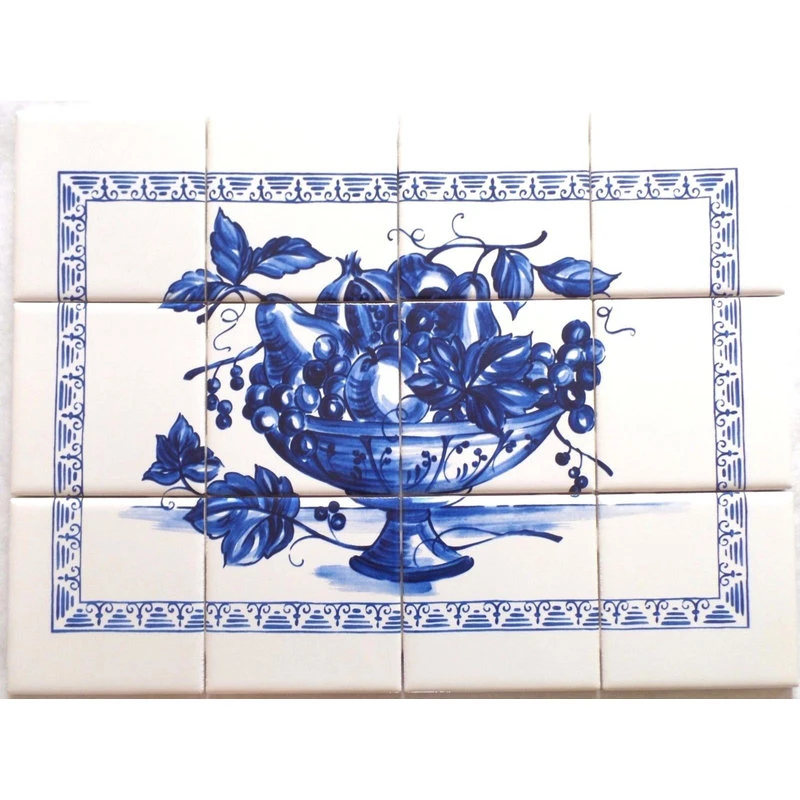 Mottles Murals Ceramic Tiles Blue Fruit Kiln Fired Ceramic Tile Mural Backsplash Delft, 12-Piece Set