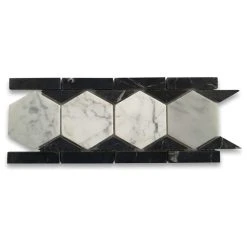 Stone Center Online Carrara White Marble 3 Hexagon Listello Mosaic Border Tile Black Honed, 1 Sheet