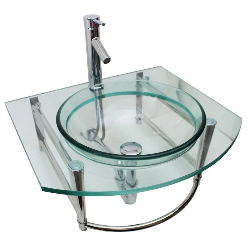 Renovators Supply Manufacturing Round Glass Wall Mount Console Sink 23 3/4" With Faucet, Drain And Towel Bar - Image 3