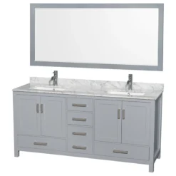 Wyndham Collection Sheffield Double Vanity, 70" Mirror, Gray, 72", Square, White Carrara Marble