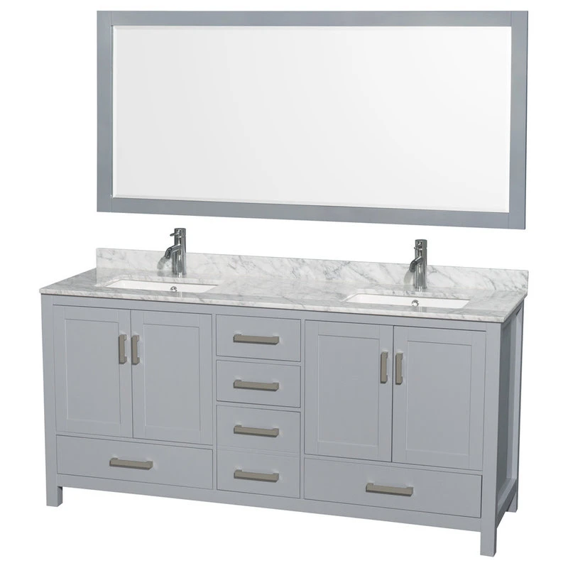 Wyndham Collection Sheffield Double Vanity, 70" Mirror, Gray, 72", Square, White Carrara Marble