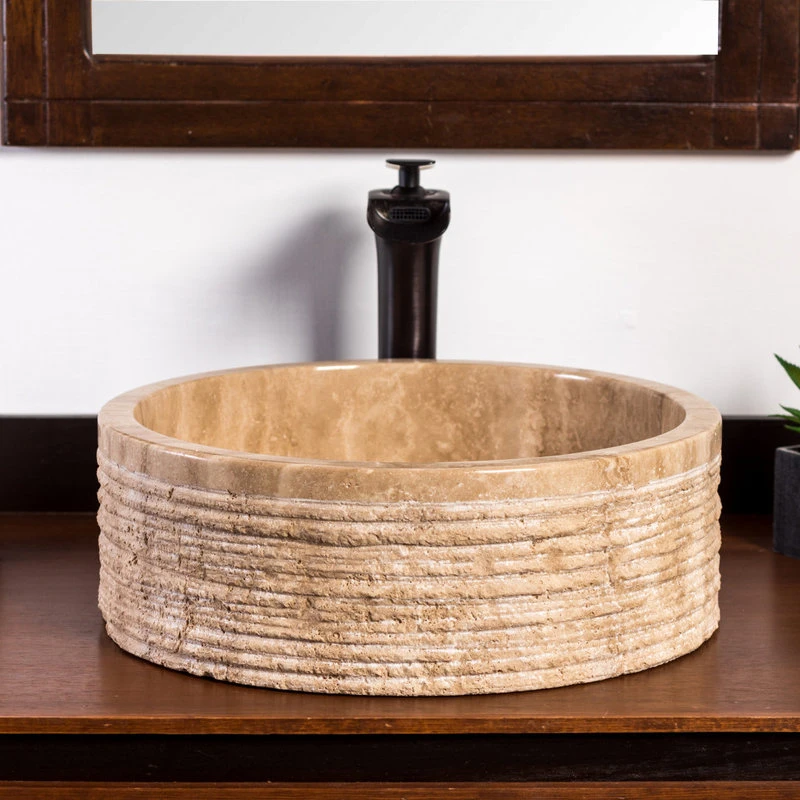 Laguna Marble Natural Stone Vessel Bathroom Sink, Brushed Blizz Travertine - Image 3