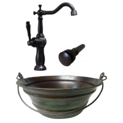 SimplyCopper 15" Copper Bucket Vessel Bath Sink Green Patina Exterior, ORB Faucet & Drain