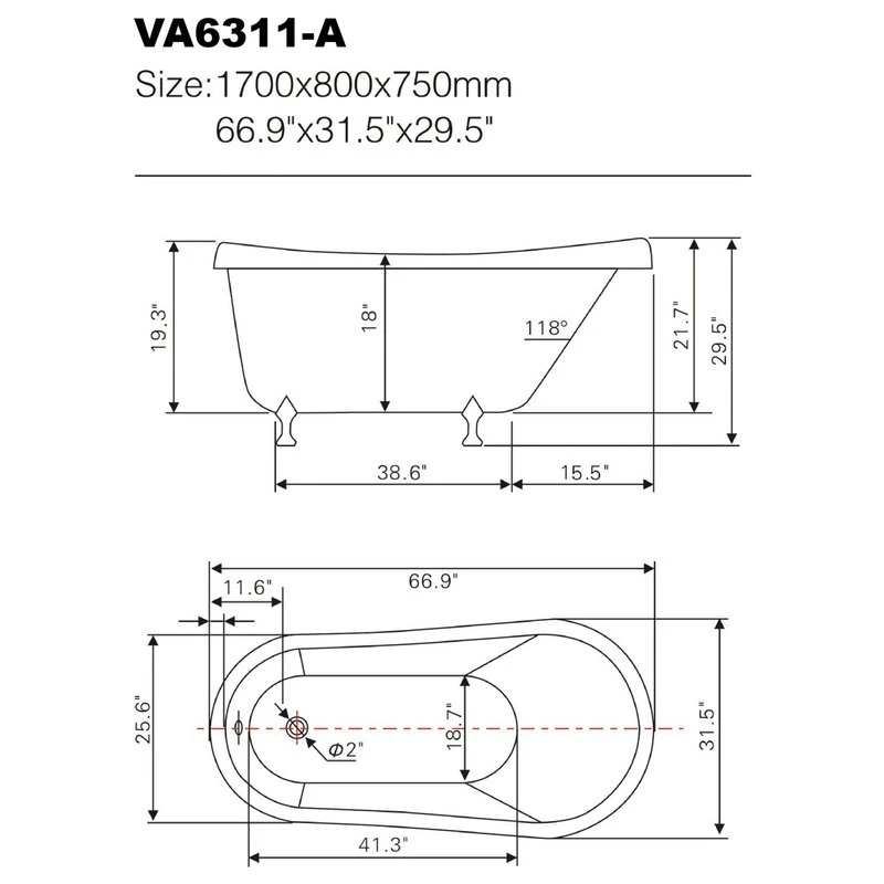 Vanity Art LLC Vanity Art Freestanding Acrylic Bathtub, Red And White, 66.9" X 31.5" - Image 6