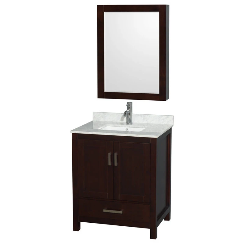 Wyndham Collection Sheffield 30" Espresso Single Vanity, Carrara Marble Top, Um Sq Sink, Med Cab