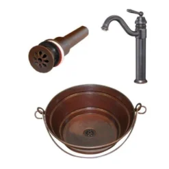 SimplyCopper 15" Round Copper Bucket Vessel Sink With Drain, And Faucet Combo