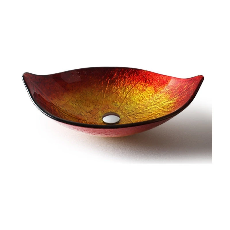 HOMARY Hot Melted Red/Gold Leaf Shaped Tempered Glass Vessel Sink Waterfall Faucet Set - Image 4