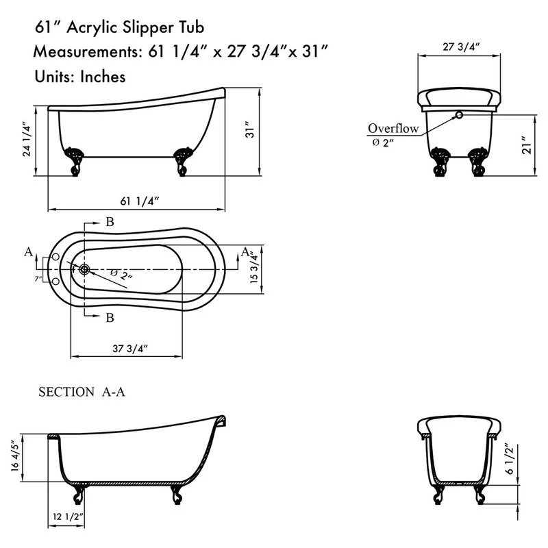 The Tub Connection Acrylic 61" Slipper Clawfoot Tub Faux Copper Finish, 7" Faucet Holes - Image 2