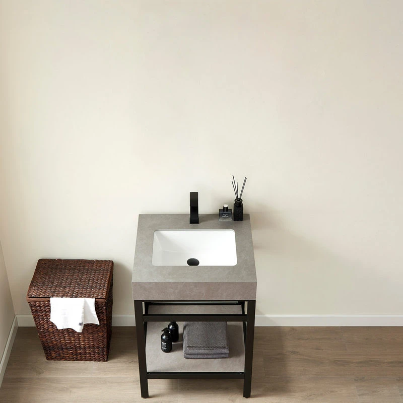 Vinnova Funes 24" Single Console Sink In Matte Black With Gray Sintered Stone Top - Image 4