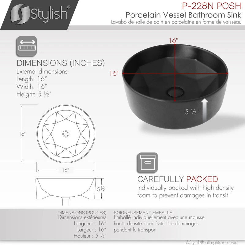 Stylish Porcelain Round 15.75" Vessel Ceramic Bathroom Sink Black - Image 6