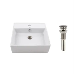 Kraus USA, Inc. Elavo Ceramic Square Vessel White Sink, Overflow Drain Satin Nickel