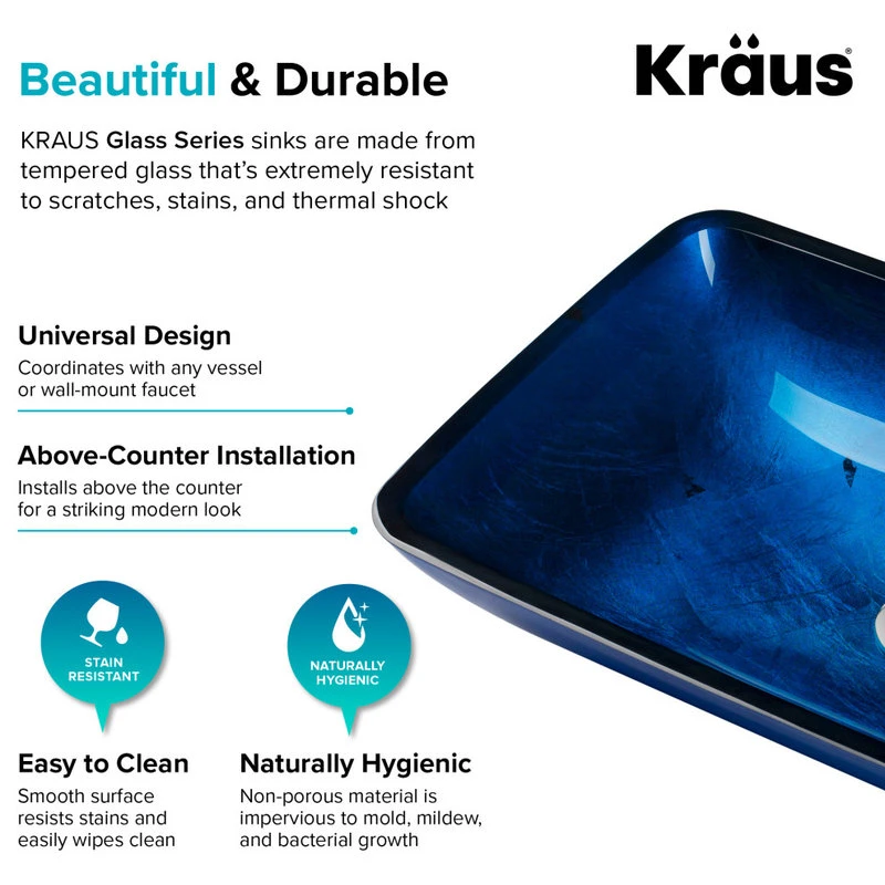 Kraus USA, Inc. Irruption Blue Rectangle Glass Vessel Bathroom Sink - Image 8