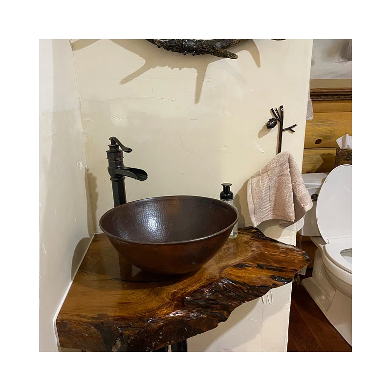 SimplyCopper 14" Rustic Round Hand Hammerd Copper Vessel Bathroom Sink - Image 2