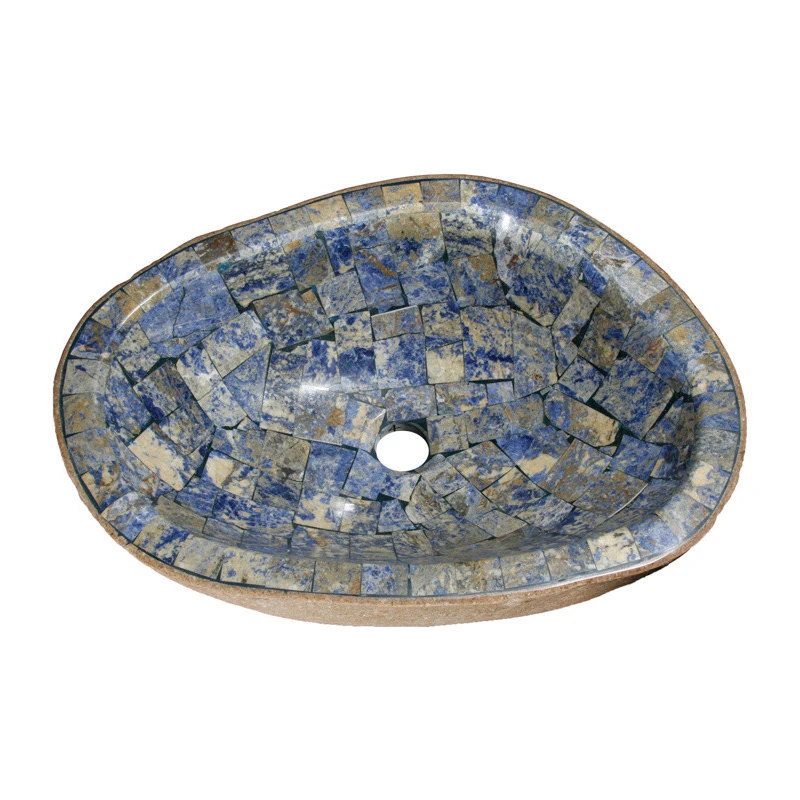 The Allstone Group Natural Boulder Granite Vessel Sink With Blue Sodalite Inlay, Design 4