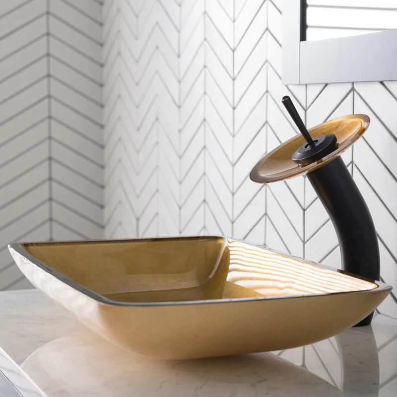 Kraus USA, Inc. Glass Vessel Sink, Bathroom Waterfall Faucet, Drain, Mount Ring, Oil Rub Bronze - Image 2