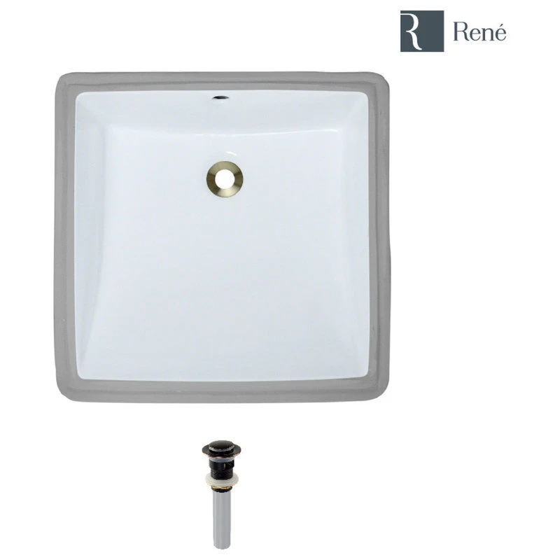 Rene R2-1003 Square Porcelain Bathroom Sink, Biscuit, White, Antique Bronze Drain