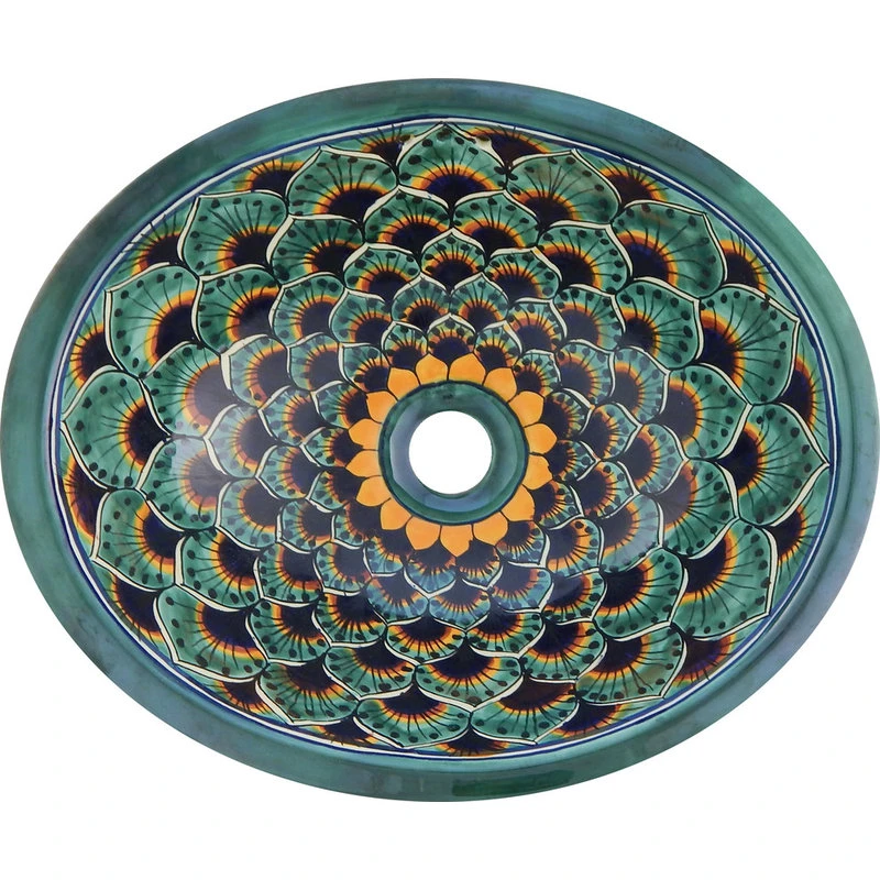 Color Y Tradicion Mexican Talavera Ceramic Hand Painted Bathroom Oval Sink Green Peacock