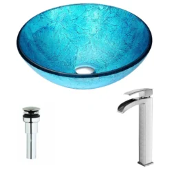 ANZZI Accent Series Deco-Glass Vessel Sink With Key Faucet, Faucet: Brushed Nick