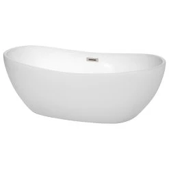Wyndham Collection Rebecca 65" Freestanding White Bathtub, Brushed Nickel Drain And Overflow Trim