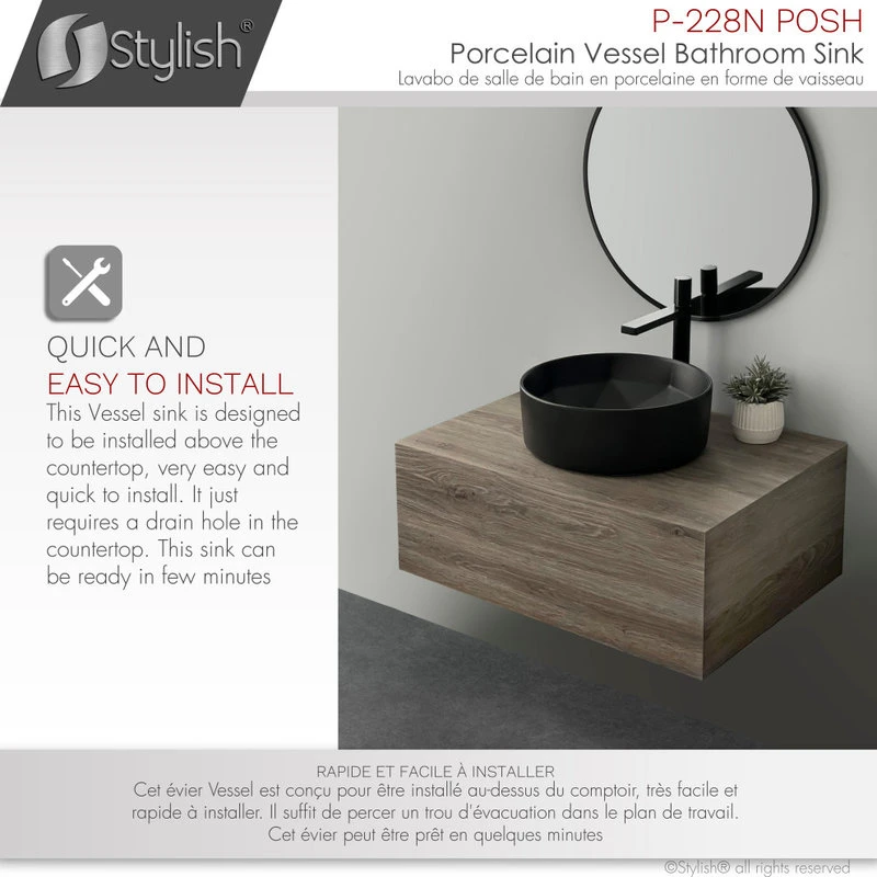 Stylish Porcelain Round 15.75" Vessel Ceramic Bathroom Sink Black - Image 8