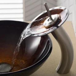 Kraus USA, Inc. Glass Vessel Sink, Bathroom Waterfall Faucet, PU Drain, Mount Ring, Nickel