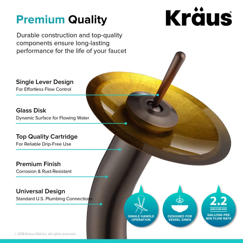 Kraus USA, Inc. Glass Vessel Sink, Bathroom Waterfall Faucet, Drain, Mount Ring, Oil Rub Bronze - Image 8