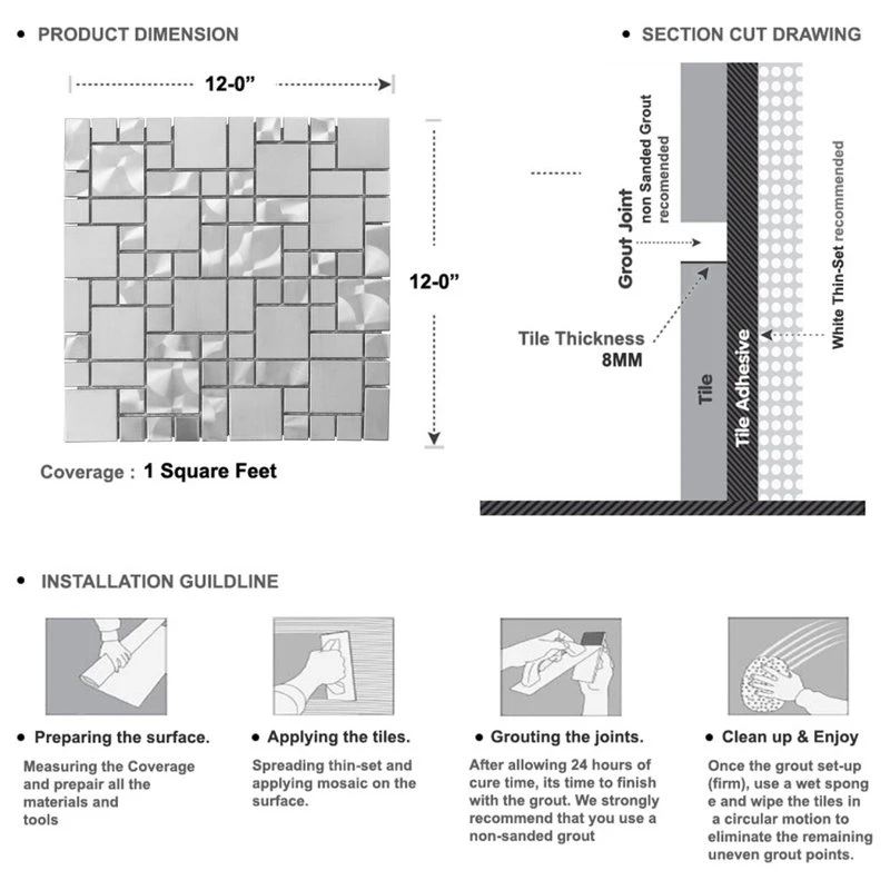 Modket Unique Stainless Steel Mosaic Tile Kitchen Backsplash Bath, 12"x12", Set Of 10 - Image 5