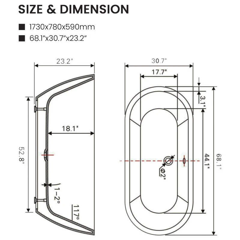 Vanity Art LLC Vanity Art Freestanding Acrylic Bathtub, White, 32"x68" - Image 7