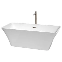 Wyndham Collection Tiffany 67" Freestanding White Bathtub, Brushed Nickel Tub Filler And Trim Kit