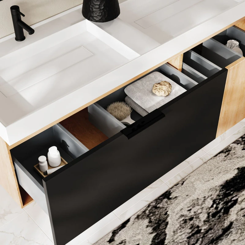 MOD The Nuvo Bathroom Vanity, Double Sink, 55", Black Glass And Maple, Wall Mounted - Image 5