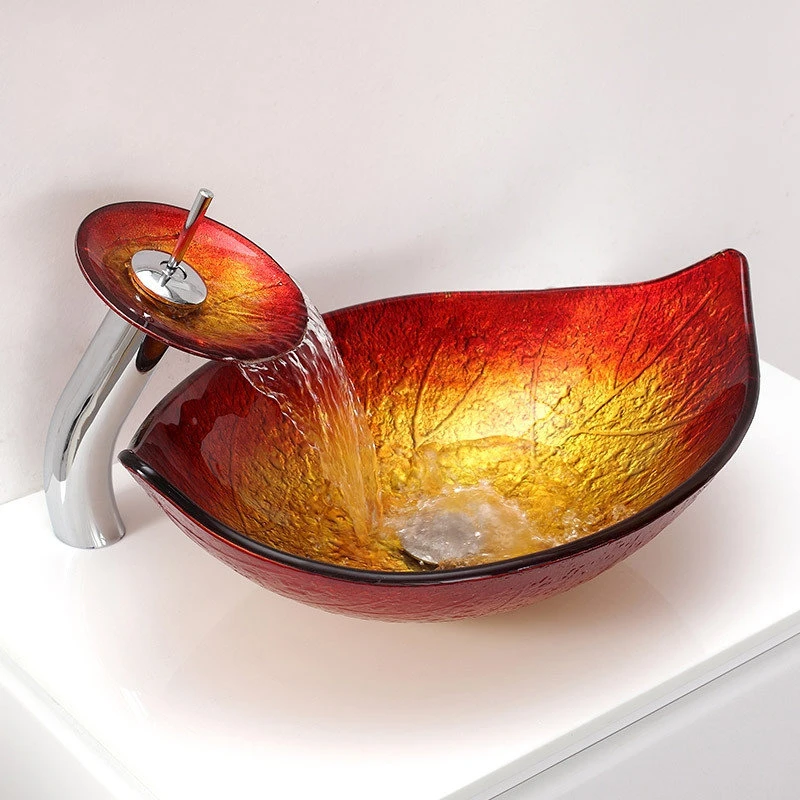 HOMARY Hot Melted Red/Gold Leaf Shaped Tempered Glass Vessel Sink Waterfall Faucet Set - Image 3