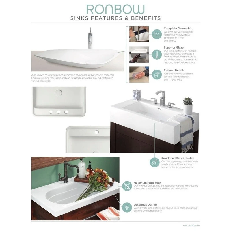 Ronbow Corp. Ronbow Rectangle Ceramic Undermount Bathroom Sink, Biscuit - Image 4
