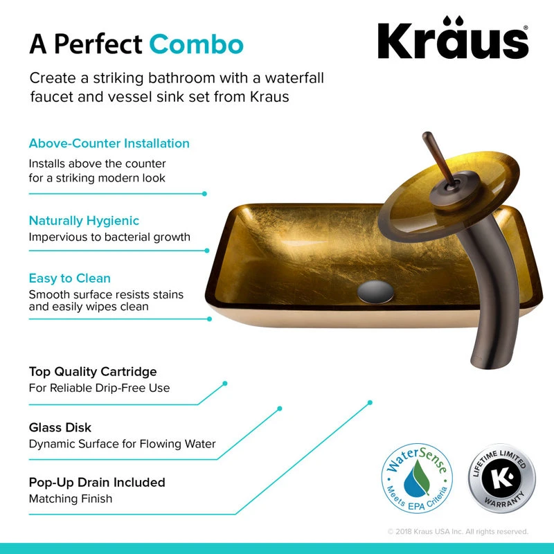 Kraus USA, Inc. Glass Vessel Sink, Bathroom Waterfall Faucet, Drain, Mount Ring, Oil Rub Bronze - Image 6