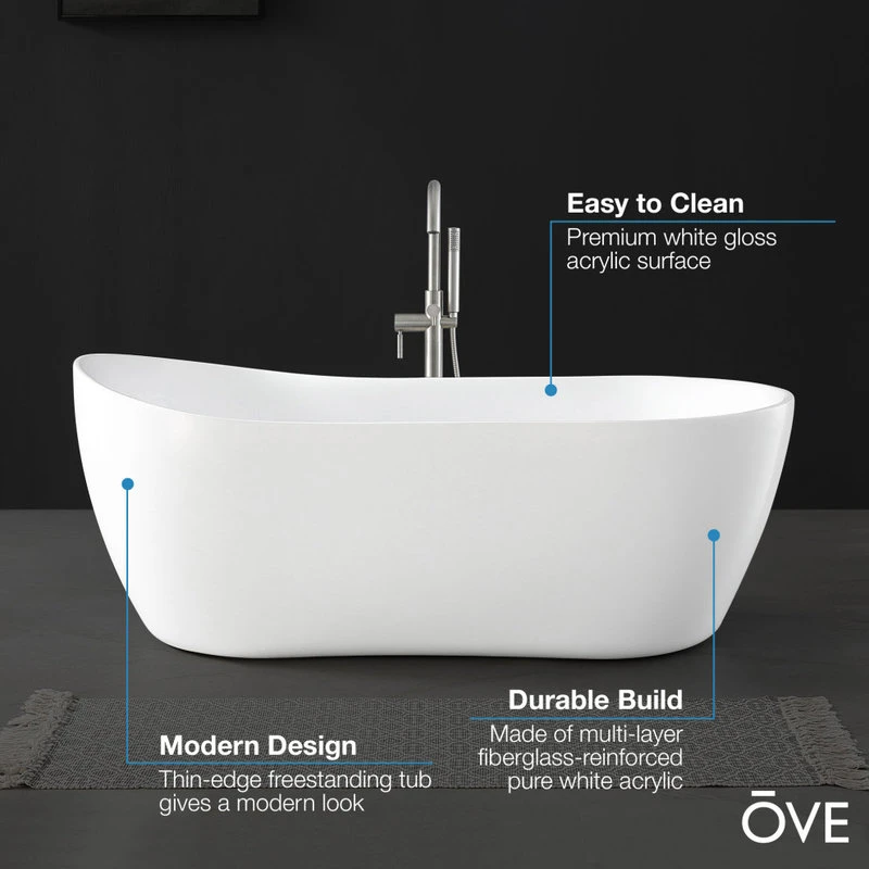 OVE Decors Isaac 58" Seamless White Acrylic Freestanding Slipper Bathtub - Image 4