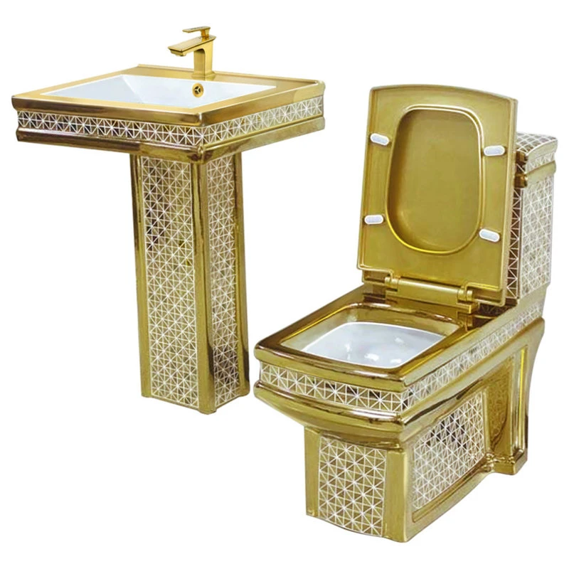 Maison De Philip Decorative Gold Pedestal Sink, Toilet, And Faucet Set