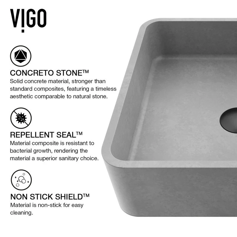 VIGO Concreto Stone Square Vessel Bathroom Sink With Vessel Faucet - Image 8