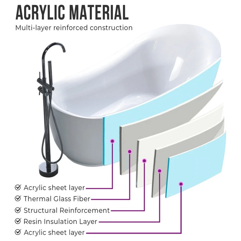 Vanity Art LLC Vanity Art Freestanding Acrylic Bathtub, White, 35"x71" - Image 6