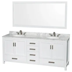 Wyndham Collection Sheffield Double Vanity, 70" Mirror, White, 80", Round, White Carrara Marble