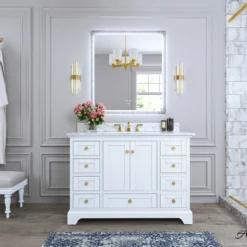 Ancerre Designs Audrey Vanity Set, White, 48", Gold Hardware, No Mirror