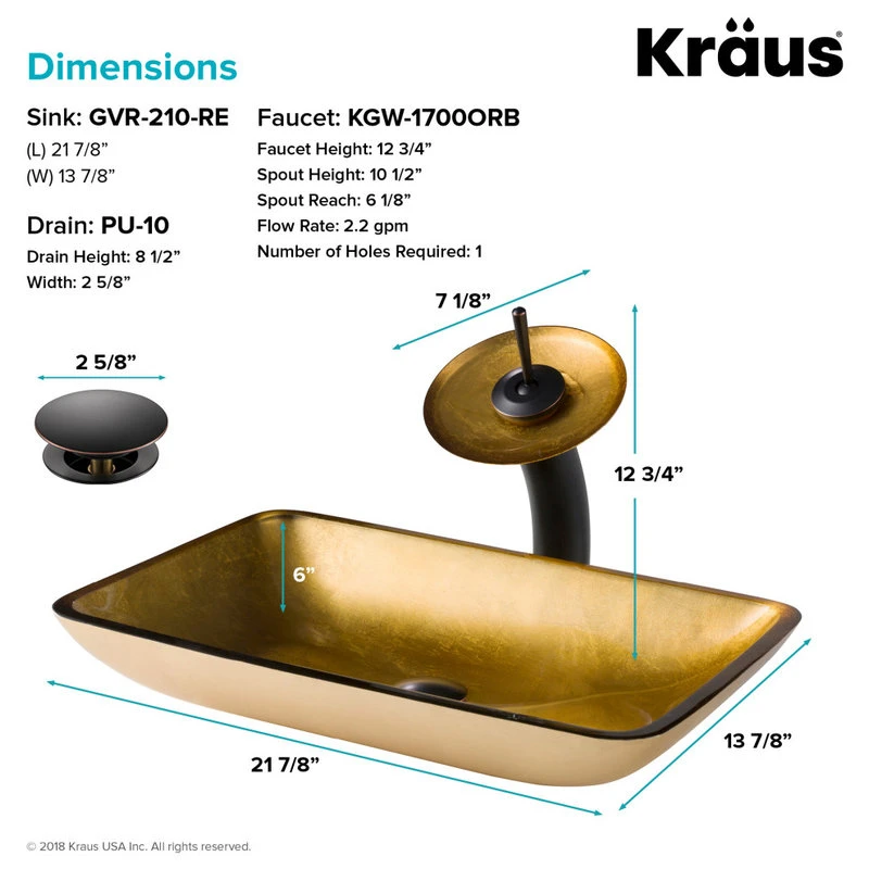 Kraus USA, Inc. Glass Vessel Sink, Bathroom Waterfall Faucet, Drain, Mount Ring, Oil Rub Bronze - Image 5