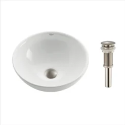 Kraus USA, Inc. Elavo Ceramic Round Vessel White Sink, PU Drain Satin Nickel