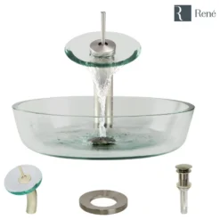 Rene R5-5024 Clear Glass Vessel Bathroom Sink, R9-7001 Faucet, Antique Bronze, Brushe